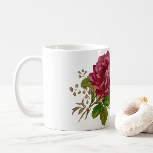 Vintage Cabbage Rose Elegance  Coffee Mug (With Donut)