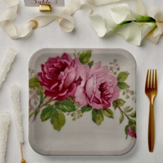 Vintage Cabbage Rose Elegance  Paper Plate ( Paper Plates Durable paper stock FDA compliant food safety. )