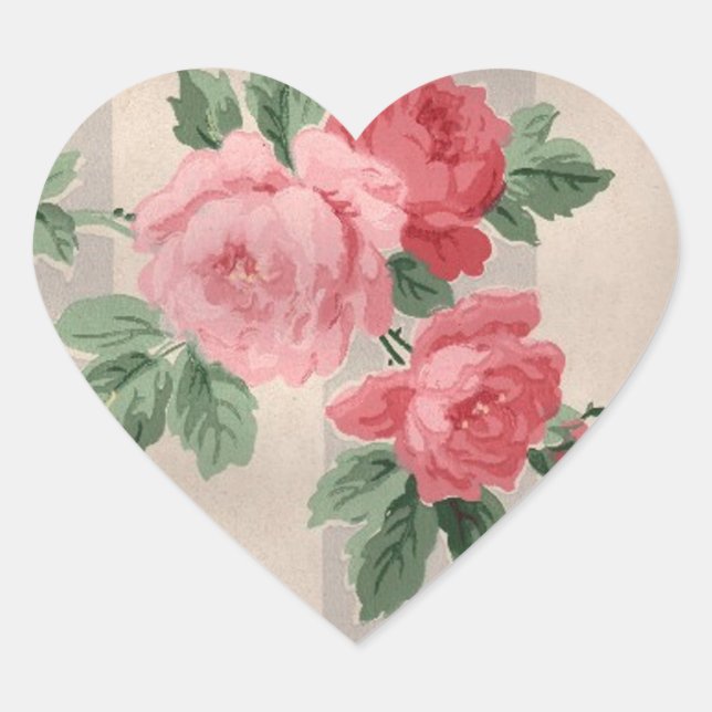 Vintage Cabbage Rose Wallpaper Heart Sticker (Front)