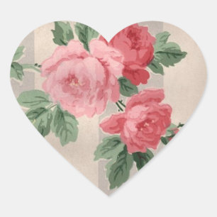 Vintage Cabbage Rose Wallpaper Heart Sticker