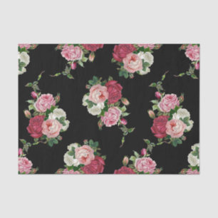 Vintage Cabbage Roses-Black Background Tissue Paper