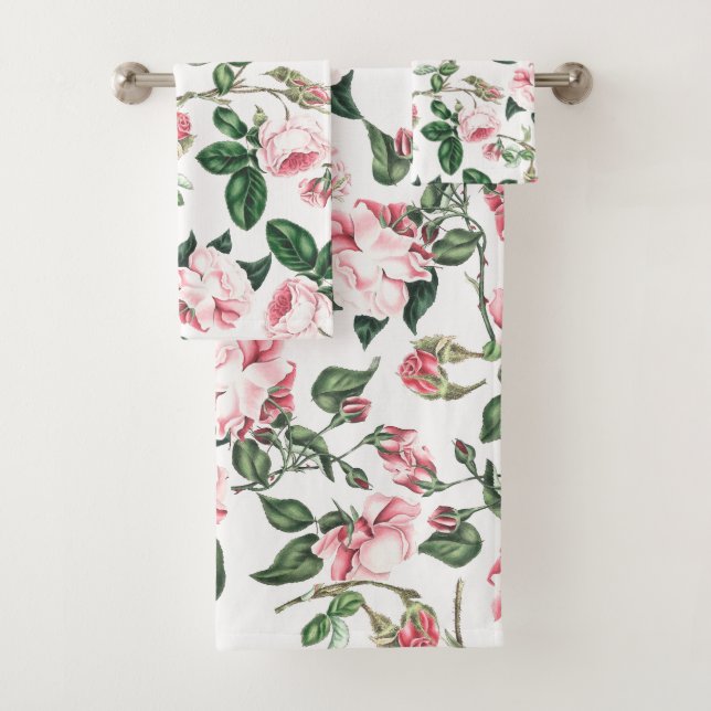 Vintage Cabbage Roses Flowers Bath Towel Set (Insitu)