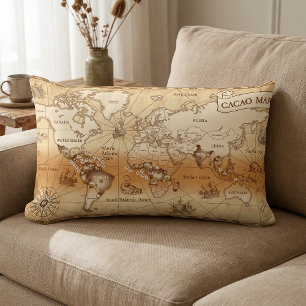 Vintage Cacao World Map for Chocolate Spaces Lumbar Pillow