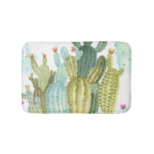 Vintage Cacti Blooming Watercolor Pattern Bath Mat