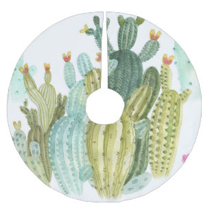 Vintage Cacti Blooming Watercolor Pattern Brushed Polyester Tree Skirt