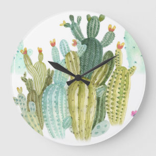 Vintage Cacti Blooming Watercolor Pattern Large Clock