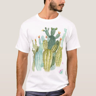 Vintage Cacti Blooming Watercolor Pattern T-Shirt