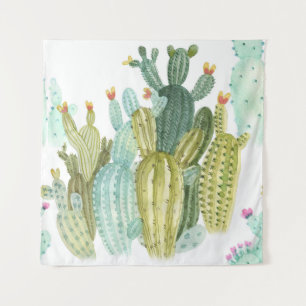 Vintage Cacti Blooming Watercolor Pattern Tapestry