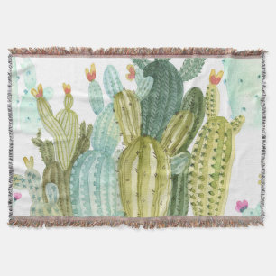Vintage Cacti Blooming Watercolor Pattern Throw Blanket
