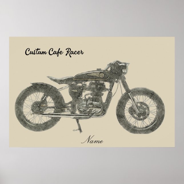 Vintage Cafe Racer Motorcycle in Print illustrated (Front)