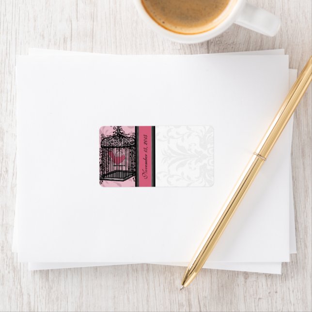 Vintage Cage Pink Bird & Black Damask Dots Label (Insitu)