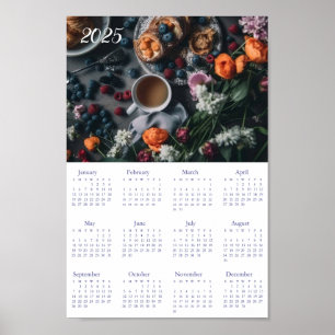 Vintage Calendar 2025. Coffee Flowers Croissants Poster