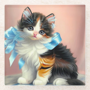 Vintage Calico Kitten Illustration Glass Coaster