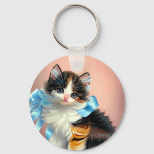 Vintage Calico Kitten Illustration Keychain
