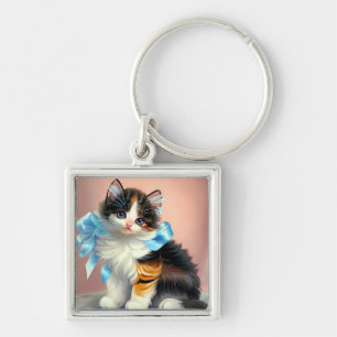 Vintage Calico Kitten Illustration Keychain