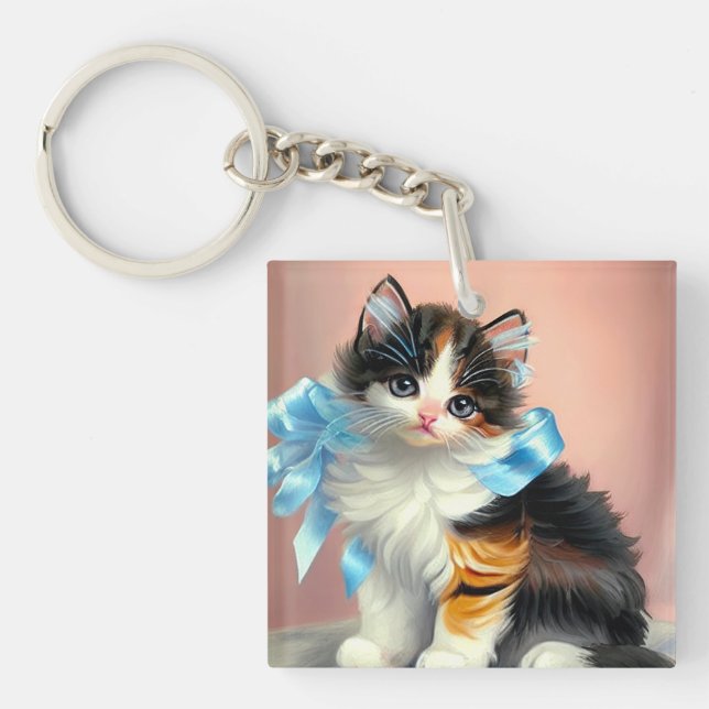 Vintage Calico Kitten Illustration Keychain (Front)