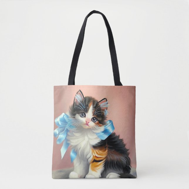 Vintage Calico Kitten Illustration Tote Bag (Front)