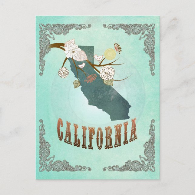 Vintage California State Map – Turquoise Blue Postcard (Front)