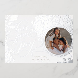 Vintage Calligraphy Love, Joy, Peace 1 Photo  Foil Holiday Card