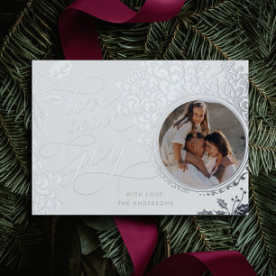 Vintage Calligraphy Love, Joy, Peace 1 Photo  Foil Holiday Card