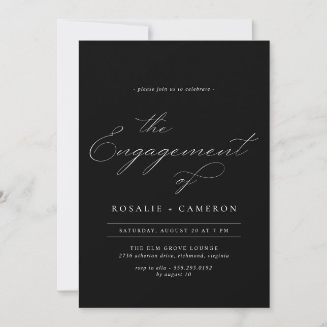 Vintage Calligraphy | Moody Black Engagement Party Invitation (Front)