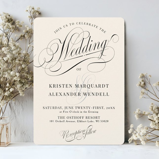 Vintage Calligraphy Script Elegant Ivory Wedding Invitation (Beautiful vintage ivory cream and black ornate swirl calligraphy script wedding invitation QR code)