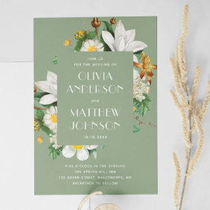 Vintage camellia. Floral sage green wedding QR Invitation