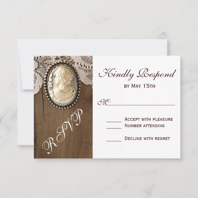 Vintage Cameo Brooch Lace Wood Wedding RSVP Cards (Front)
