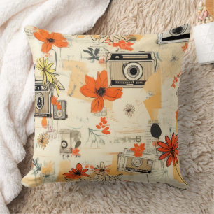 Vintage Camera Floral Orange Mustard Ephemera Throw Pillow