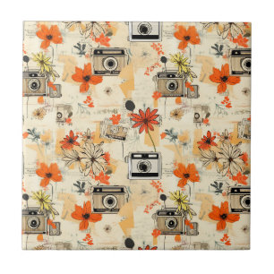 Vintage Camera Floral Orange Mustard Ephemera Tile