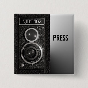 Vintage Camera On Media and Press Badge 2 Inch Square Button