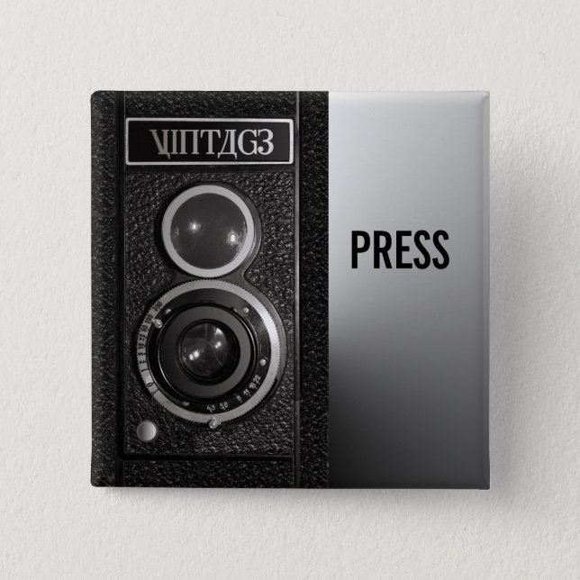 Vintage Camera On Media and Press Badge 2 Inch Square Button (Front)