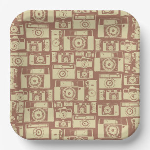 Vintage Camera Pattern in Brown Colors Paper Plate