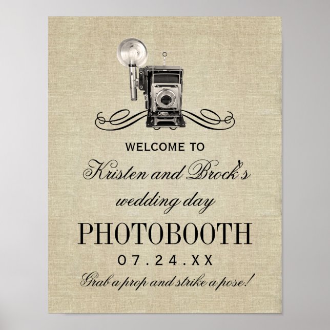 Vintage Camera Photo Booth Linen Wedding Poster (Front)