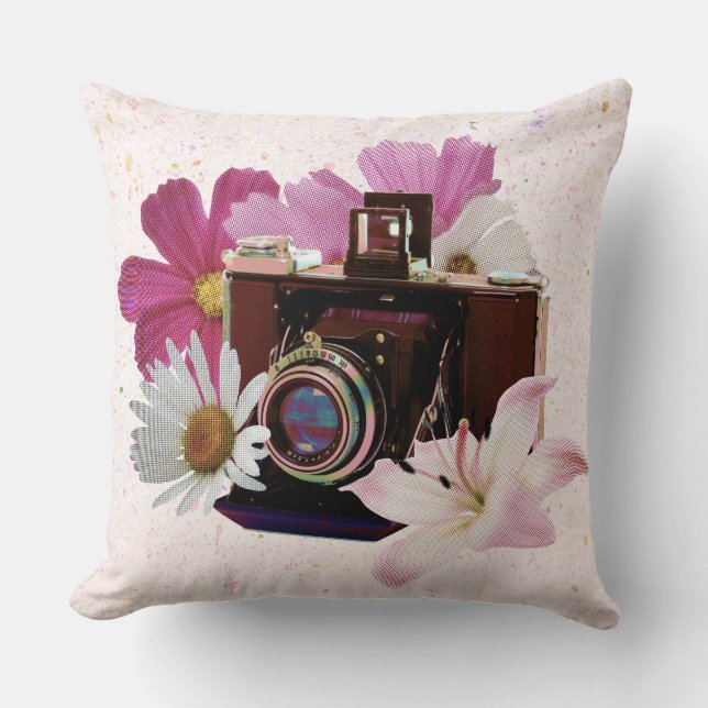 Vintage camera with flowers throw pillow (Front)