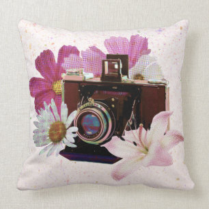 Vintage camera with flowers throw pillow