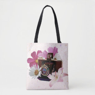 Vintage camera with flowers tote bag