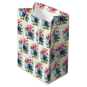Vintage Cameras and Pink Flowers Birthday Medium Gift Bag