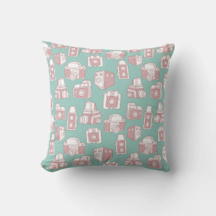 Vintage Cameras Retro Pattern (Blue) Throw Pillow