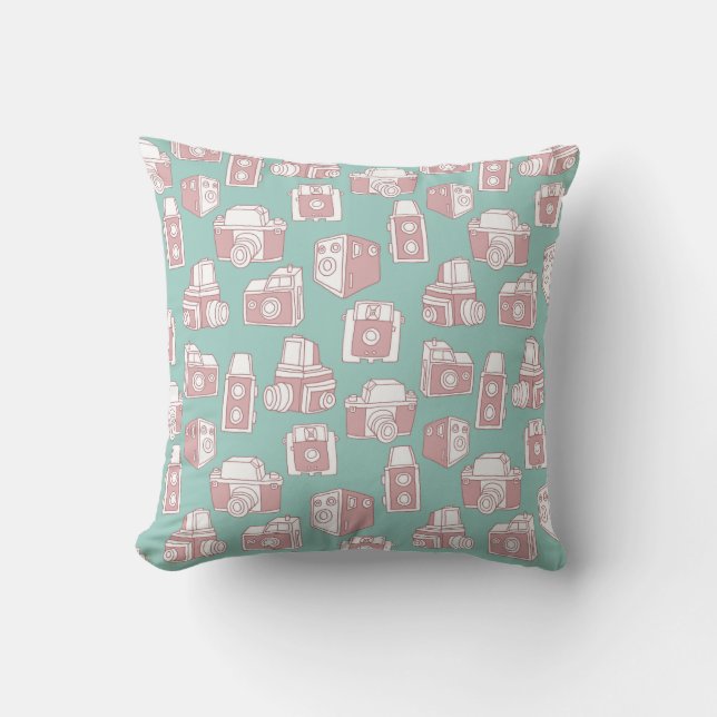 Vintage Cameras Retro Pattern (Blue) Throw Pillow (Front)