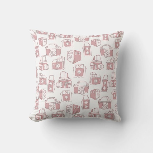 Vintage Cameras Retro Pattern (White / Pink) Throw Pillow (Front)