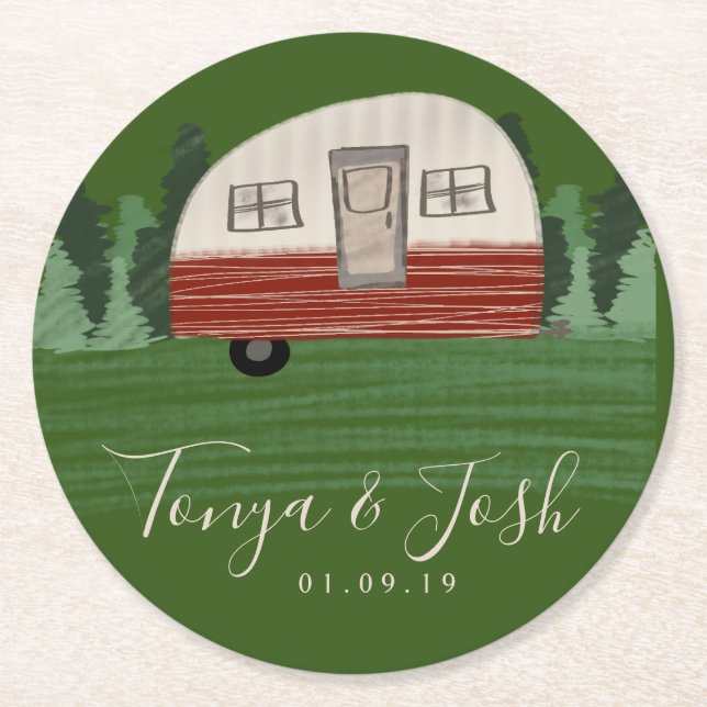 Vintage Camper Bridal Shower Favour Round Paper Coaster (Front)
