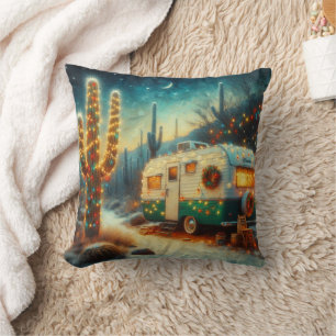 Vintage Camper Christmas Desert Saguaro Cactus Throw Pillow