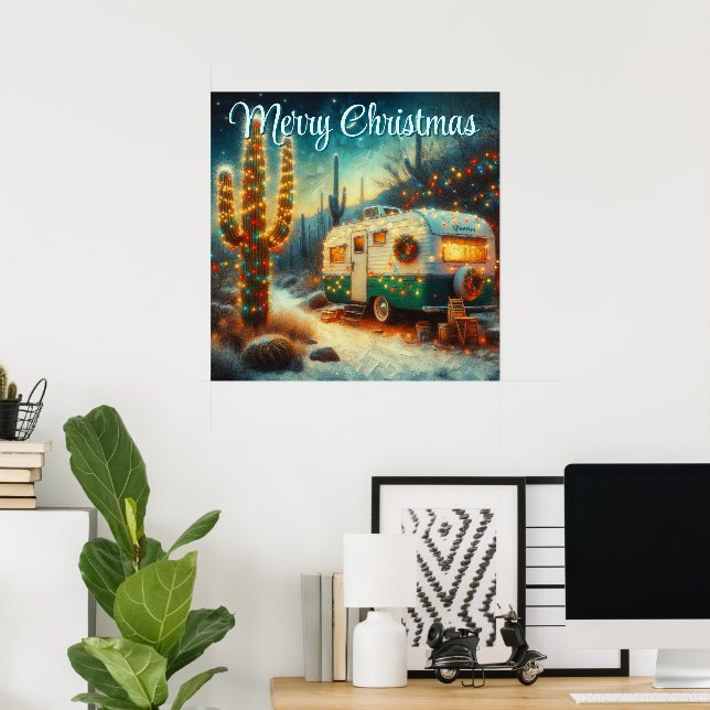 Vintage Camper Christmas in Desert Personalized  Poster (Home Office)