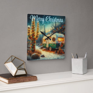 Vintage Camper Christmas in Desert Personalized Square Wall Clock