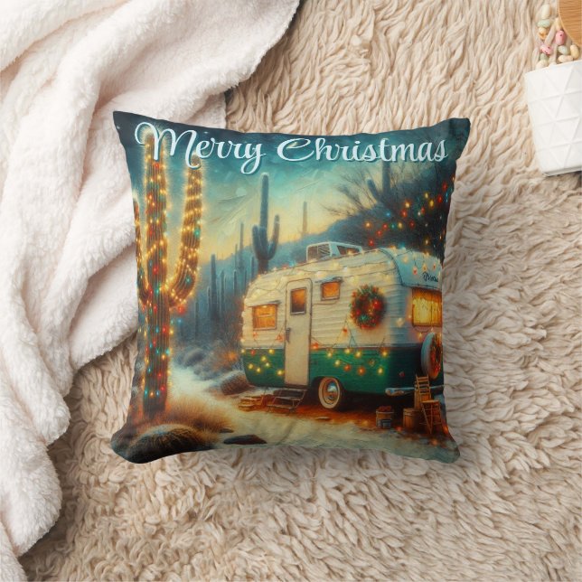 Vintage Camper Christmas in Desert Personalized  Throw Pillow (Blanket)