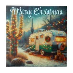 Vintage Camper Christmas in Desert Personalized Tile