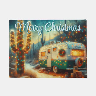 Vintage Camper Christmas in Desert Saguaro Cactus Doormat