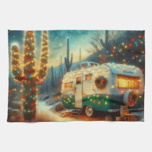 Vintage Camper Christmas in Desert Saguaro Cactus Kitchen Towel