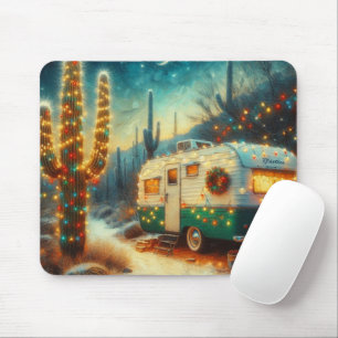 Vintage Camper Christmas in Desert Saguaro Cactus  Mouse Pad